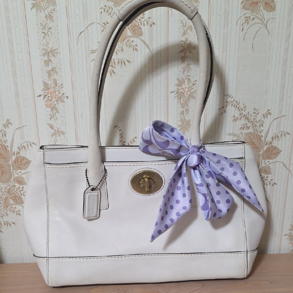 Coach 2007 Cream Satchel with Coach Purple Polka Dot Scarf